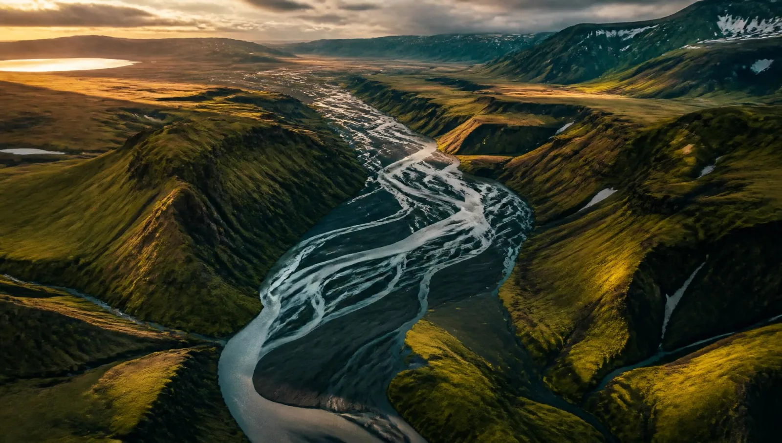 Valle volcánico cubierto de musgo con un río serpenteante en las tierras altas